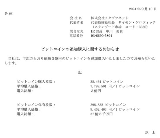 日版微策略Metaplanet再購入3億日元比特幣！股價上漲近5%